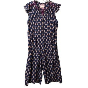 Floreat Anthropologie Gabrielle Jumpsuit XL Navy Velvet Ruffle TrimButton Front